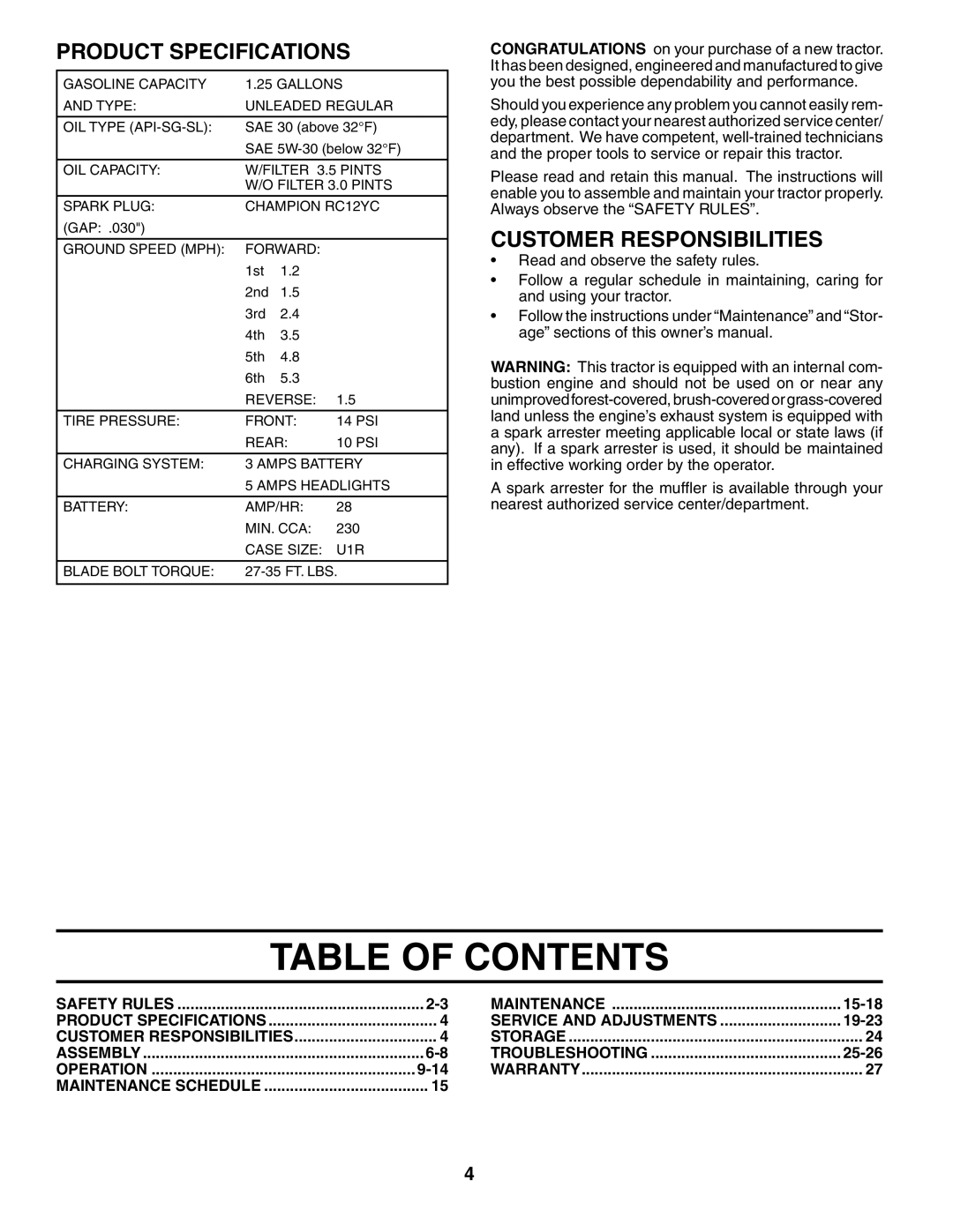 Poulan 194632 manual Table of Contents 