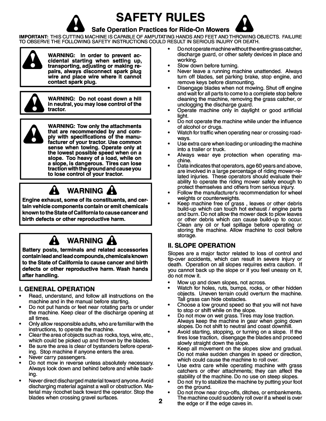 Poulan 194632 manual Safety Rules, Safe Operation Practices for Ride-On Mowers, I. General Operation, Ii. Slope Operation 