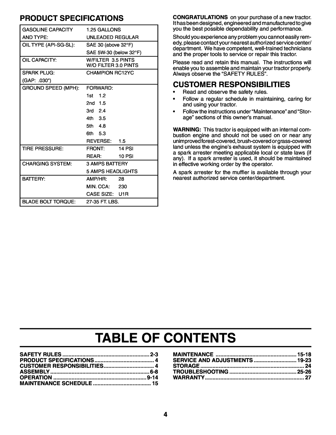 Poulan 194632 manual Table Of Contents, Product Specifications, Customer Responsibilities 