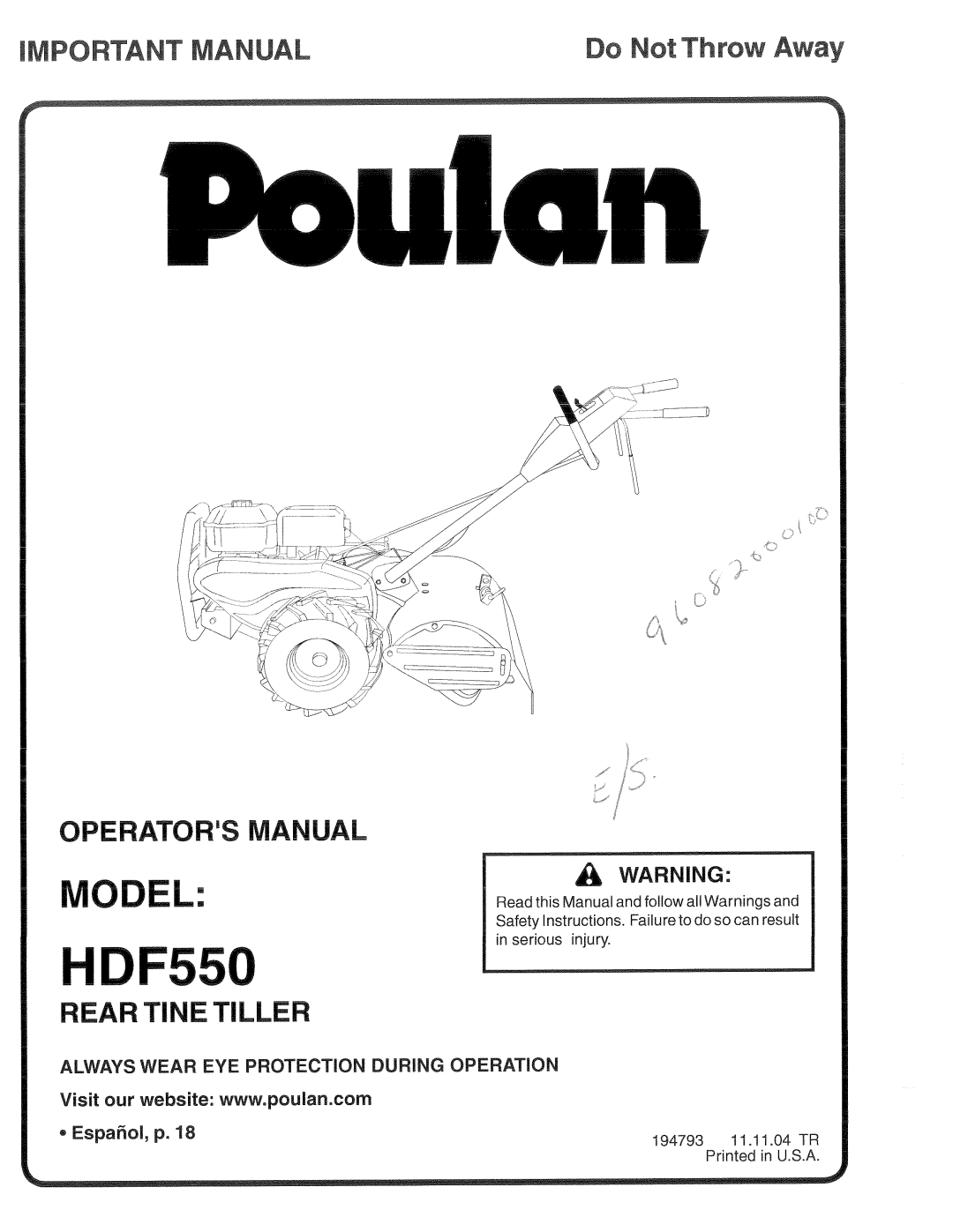 Poulan 96082000100, 194793 manual 