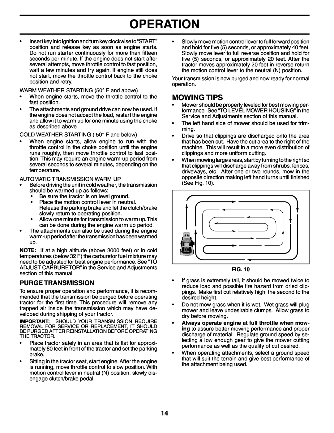 Poulan 194831 manual Mowing Tips, Purge Transmission, Operation 