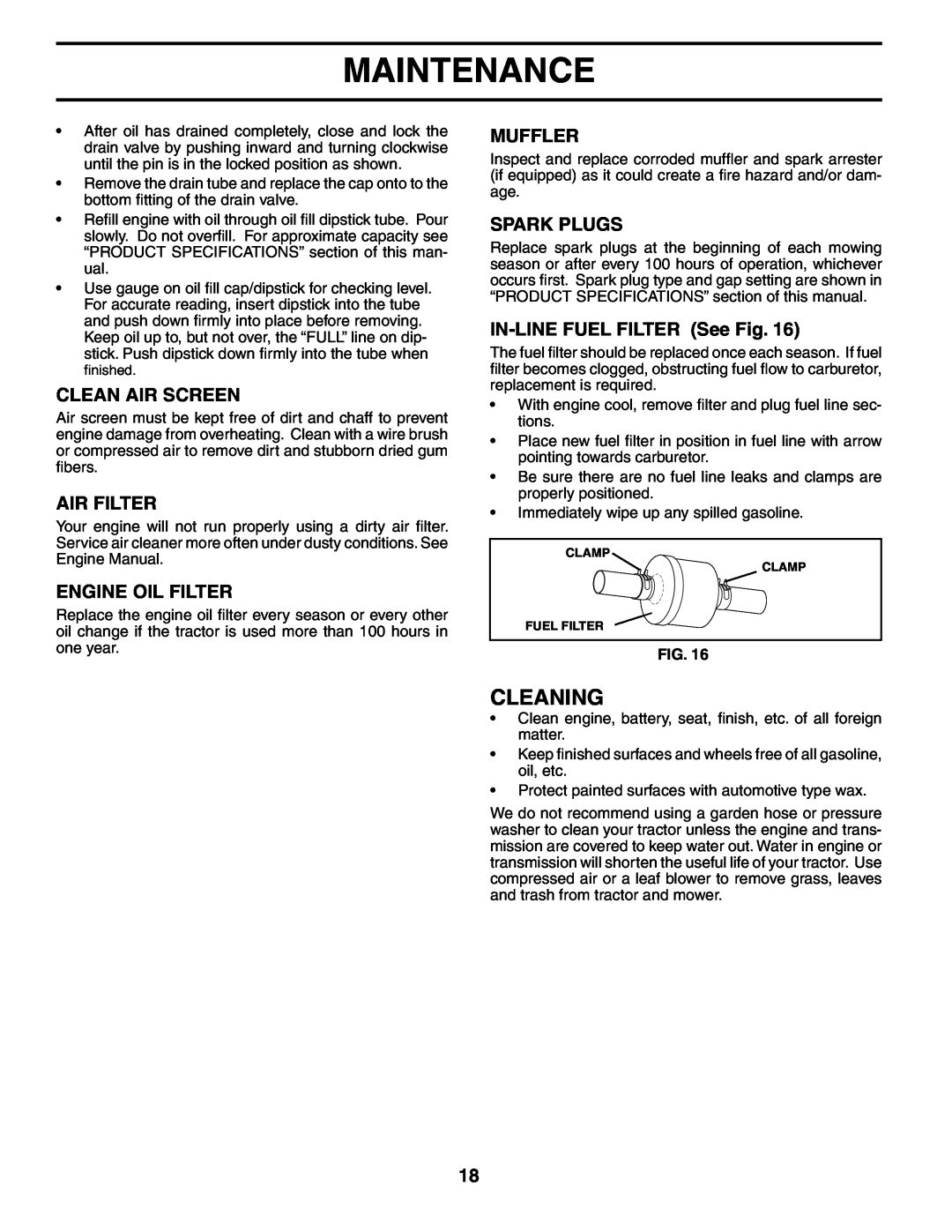 Poulan 194831 Cleaning, Clean Air Screen, Air Filter, Engine Oil Filter, Muffler, Spark Plugs, IN-LINE FUEL FILTER See Fig 