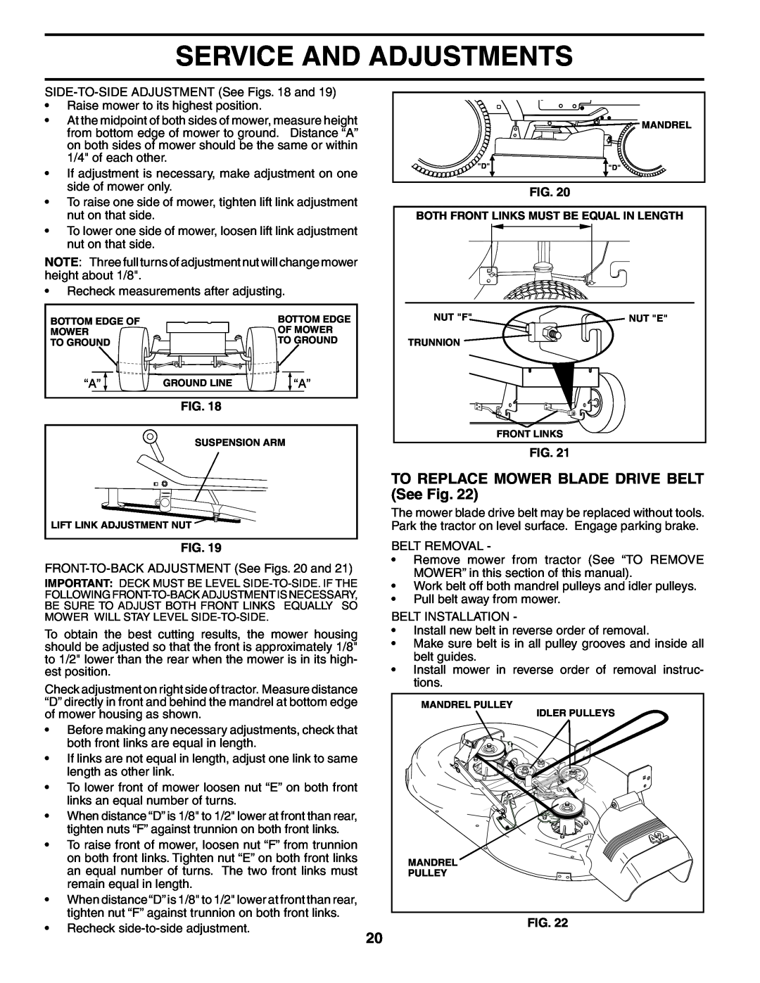 Poulan 194831 manual TO REPLACE MOWER BLADE DRIVE BELT See Fig, Service And Adjustments 