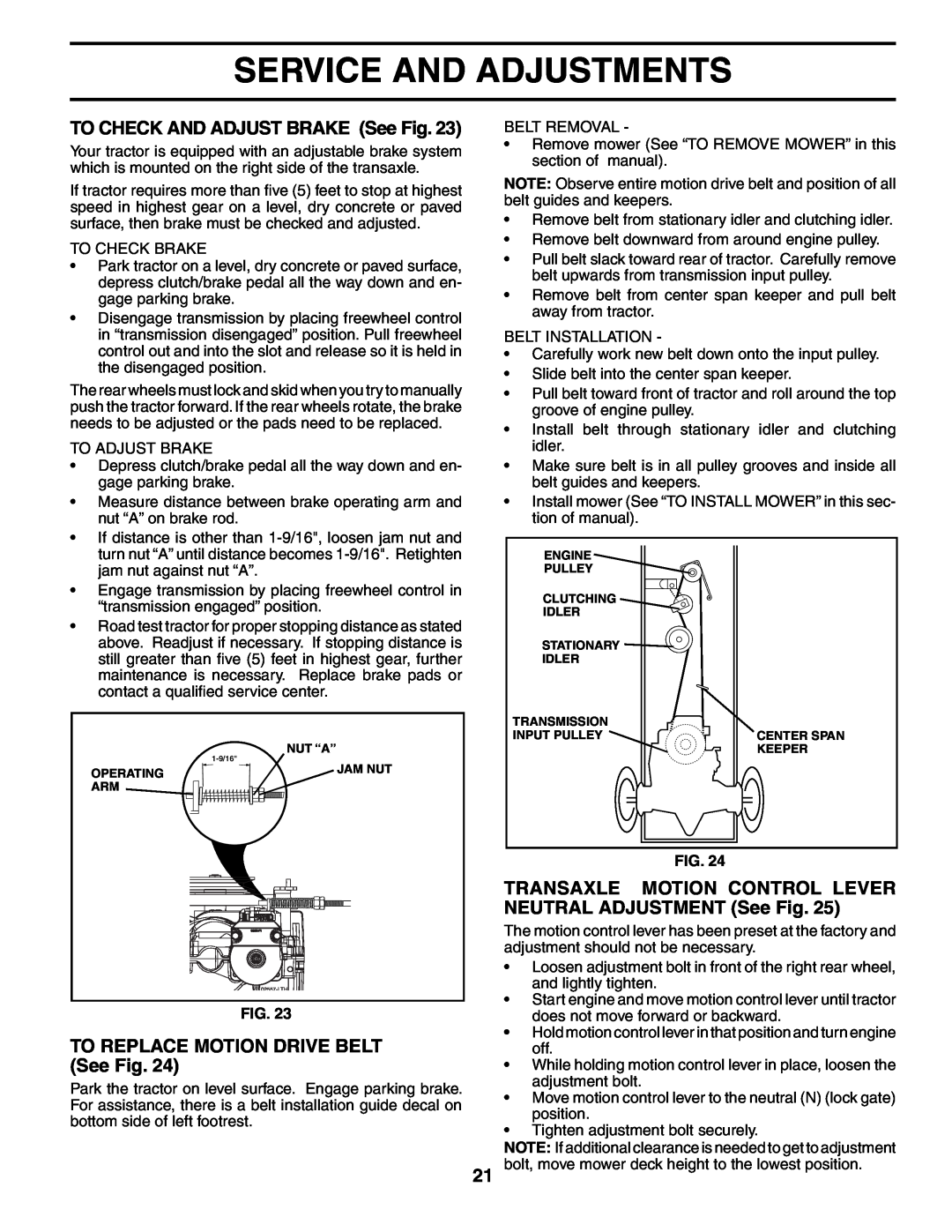 Poulan 194831 TO CHECK AND ADJUST BRAKE See Fig, TO REPLACE MOTION DRIVE BELT See Fig, Service And Adjustments, Nut “A” 