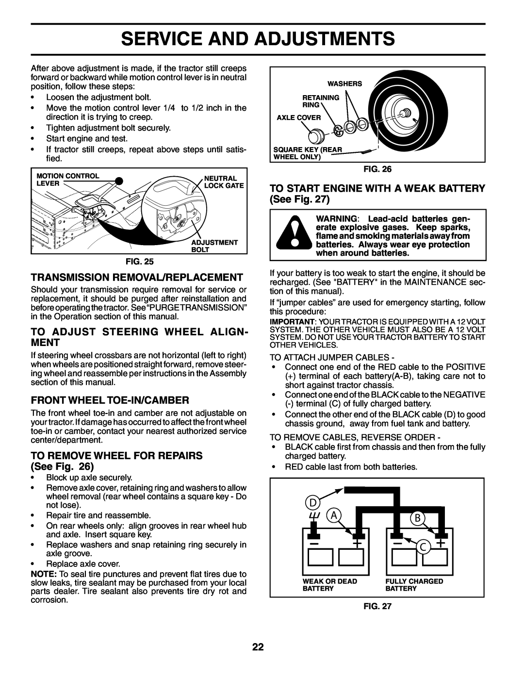 Poulan 194831 manual Transmission Removal/Replacement, To Adjust Steering Wheel Align- Ment, Front Wheel Toe-In/Camber 