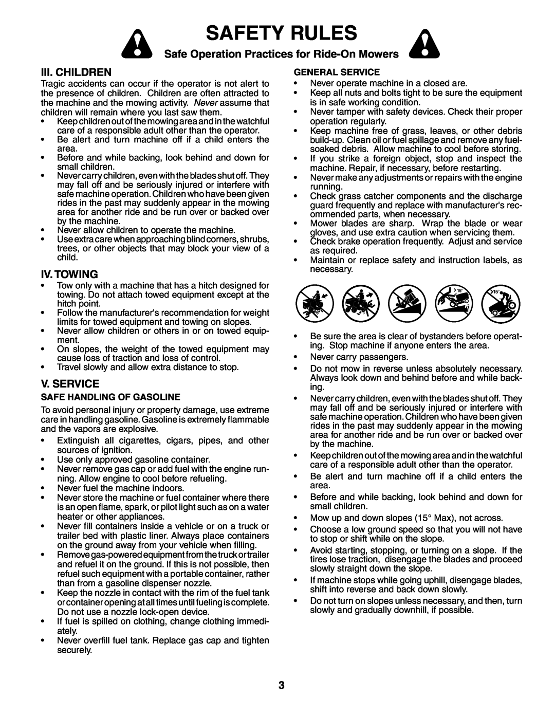 Poulan 194831 manual Iii. Children, Iv. Towing, V. Service, Safety Rules, Safe Operation Practices for Ride-On Mowers 