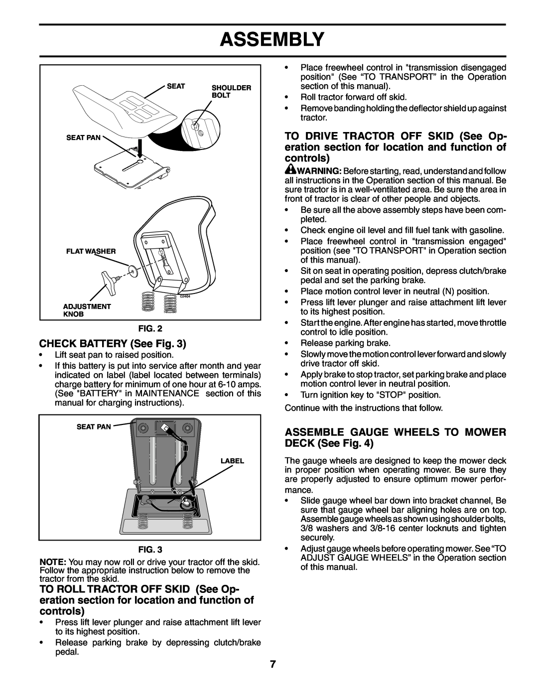 Poulan 194831 manual CHECK BATTERY See Fig, ASSEMBLE GAUGE WHEELS TO MOWER DECK See Fig, Assembly, Adjustment Knob 