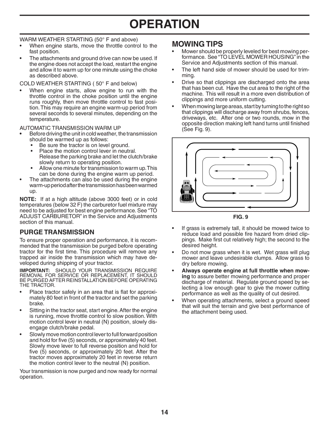 Poulan 194992 manual Mowing Tips, Purge Transmission, Automatic Transmission Warm UP 