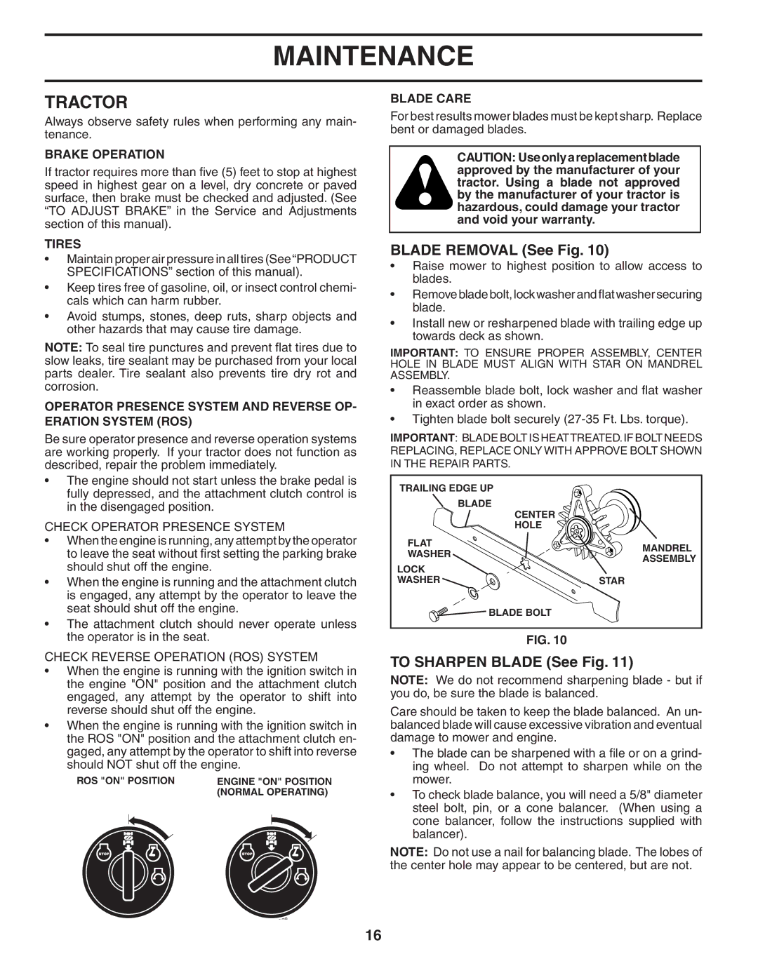 Poulan 194992 manual Tractor, Blade Removal See Fig, To Sharpen Blade See Fig 