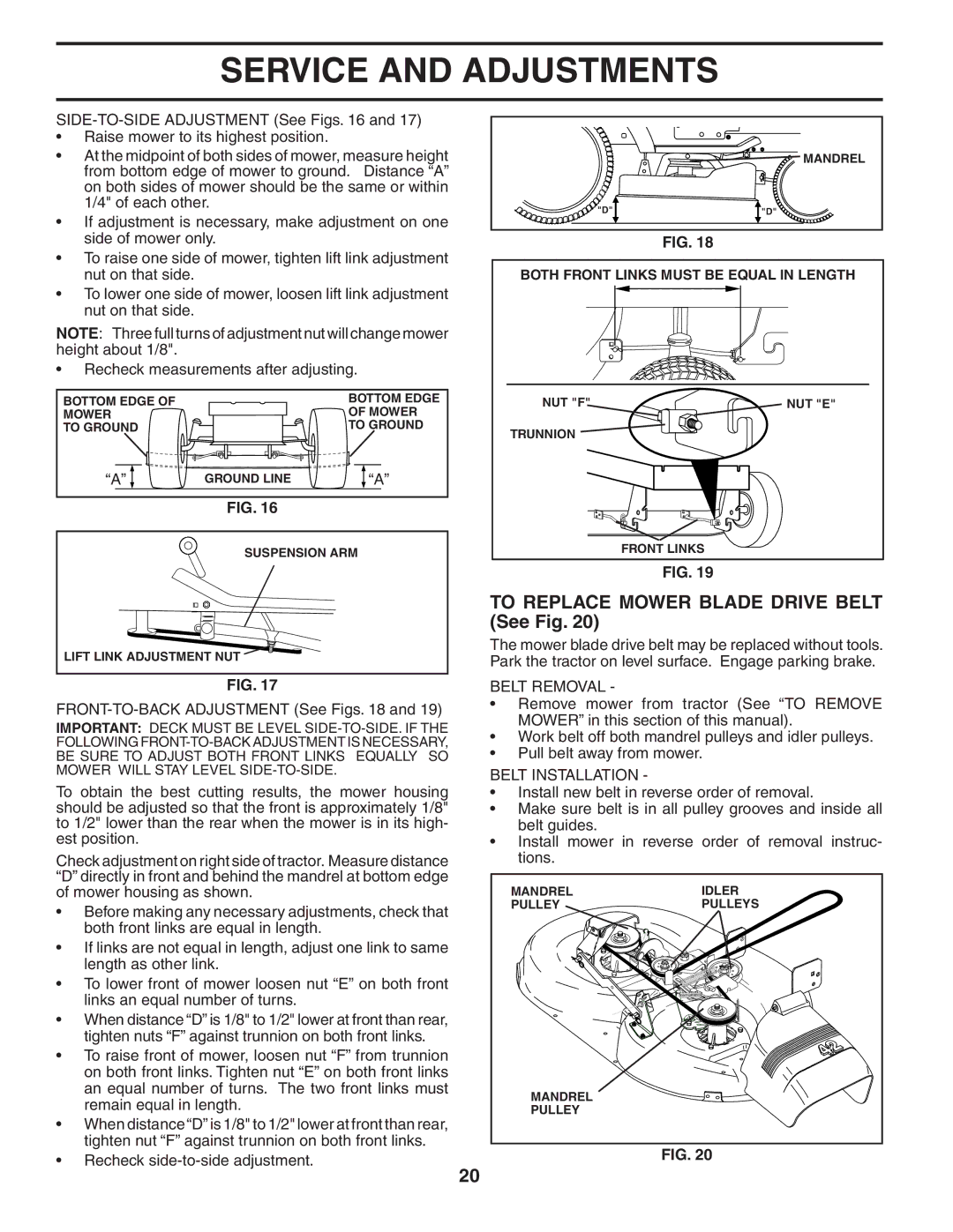 Poulan 194992 manual To Replace Mower Blade Drive Belt See Fig, Belt Removal, Belt Installation 