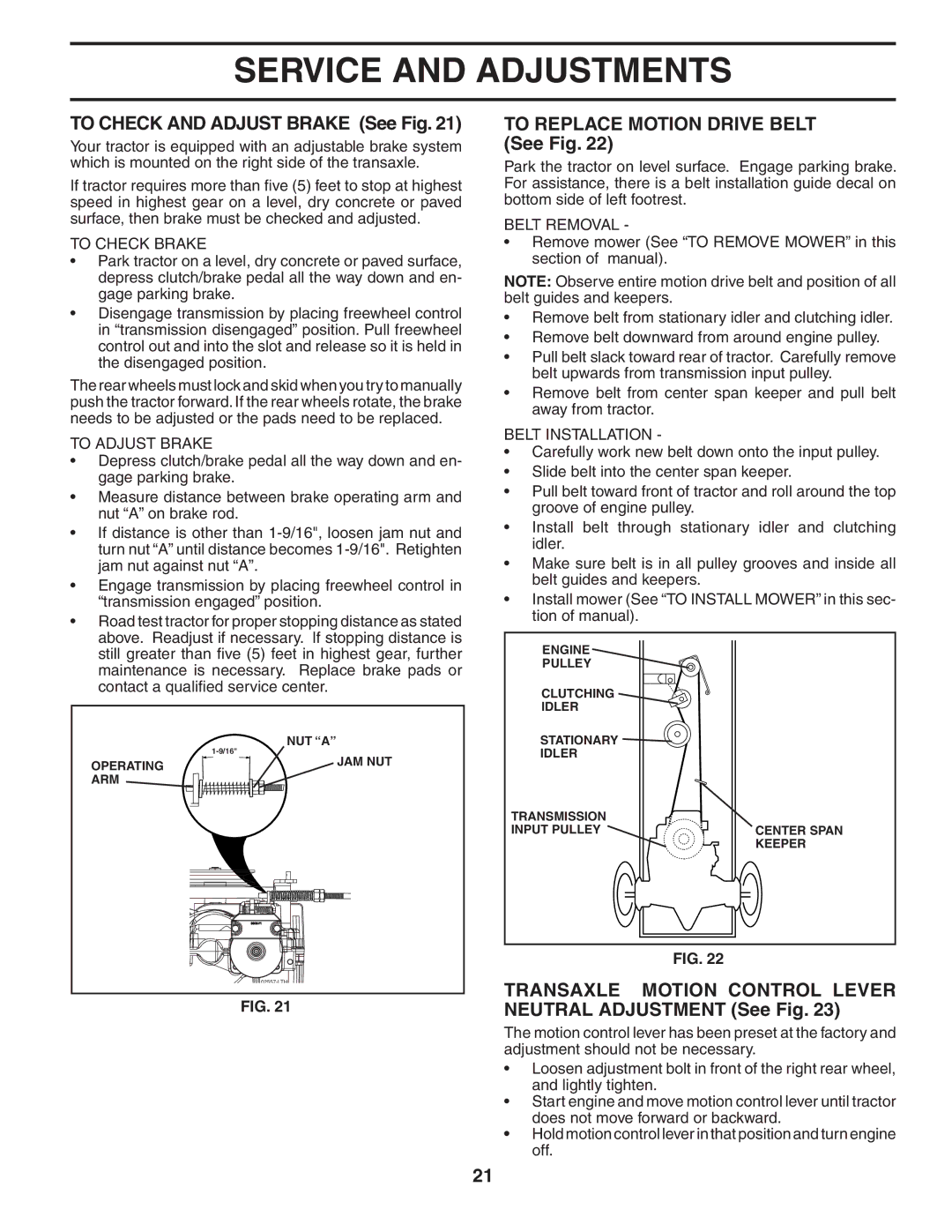 Poulan 194992 To Check and Adjust Brake See Fig, To Replace Motion Drive Belt See Fig, To Check Brake, To Adjust Brake 