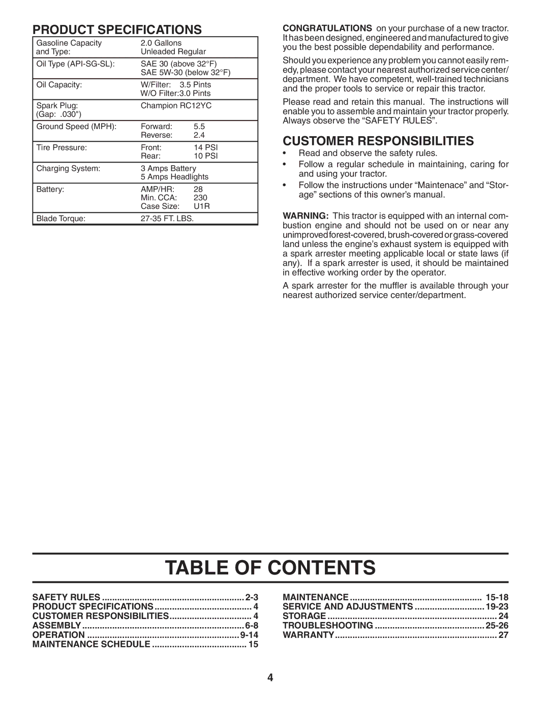 Poulan 194992 manual Table of Contents 