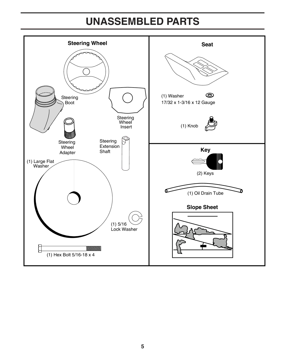 Poulan 194992 manual Unassembled Parts, Steering Wheel Seat, Slope Sheet 