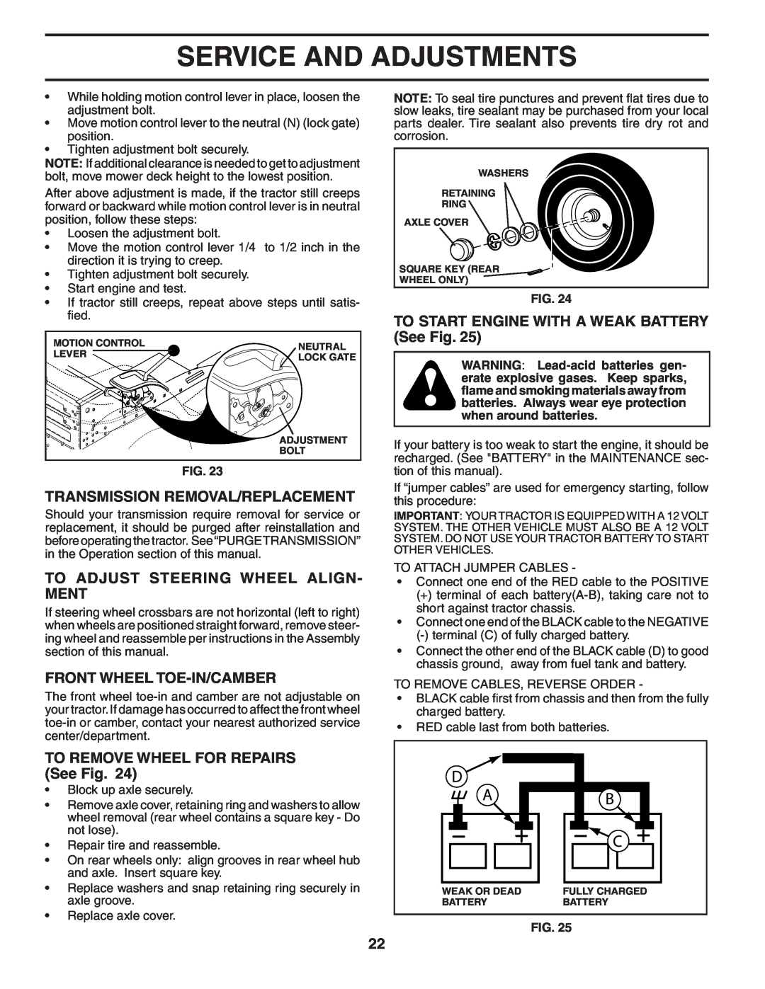 Poulan 194992 manual Transmission Removal/Replacement, To Adjust Steering Wheel Align- Ment, Front Wheel Toe-In/Camber 