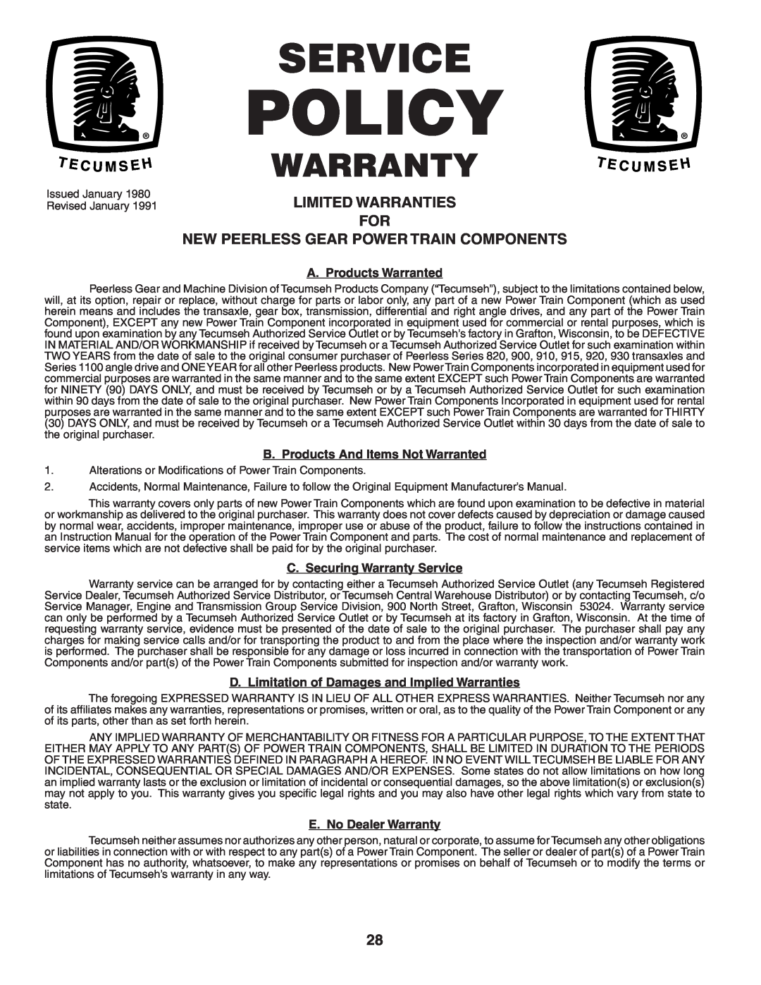 Poulan 194992 manual Limited Warranties For New Peerless Gear Power Train Components, Policy, Service, Warranty 
