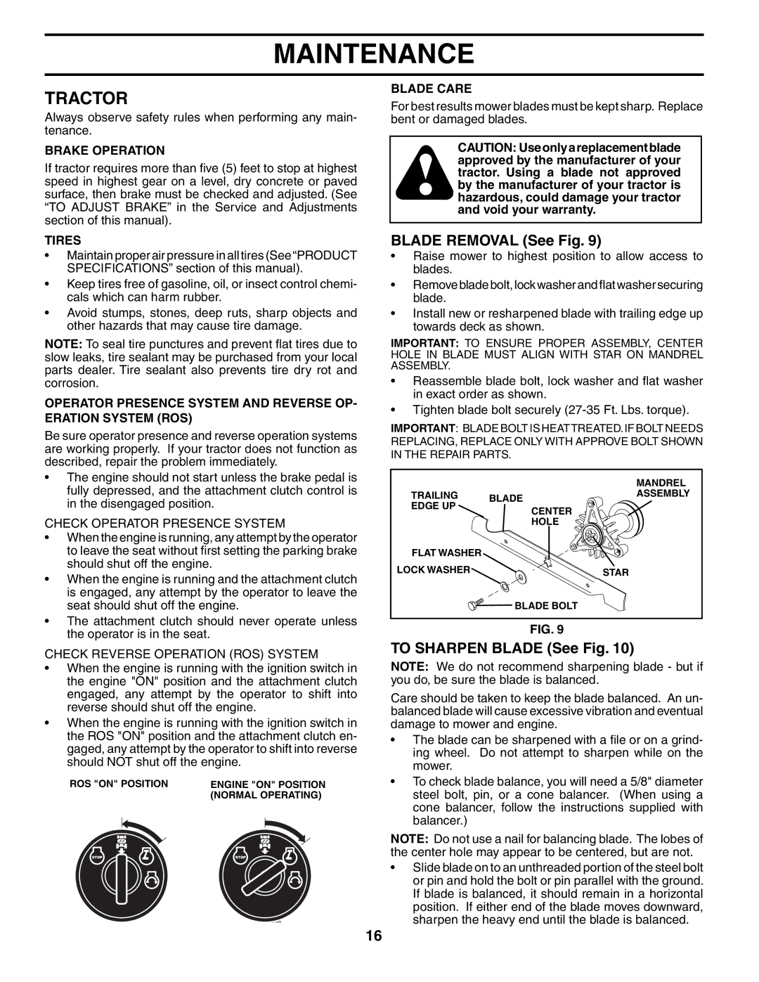 Poulan 194993 manual Tractor, Blade Removal See Fig, To Sharpen Blade See Fig, Check Operator Presence System 