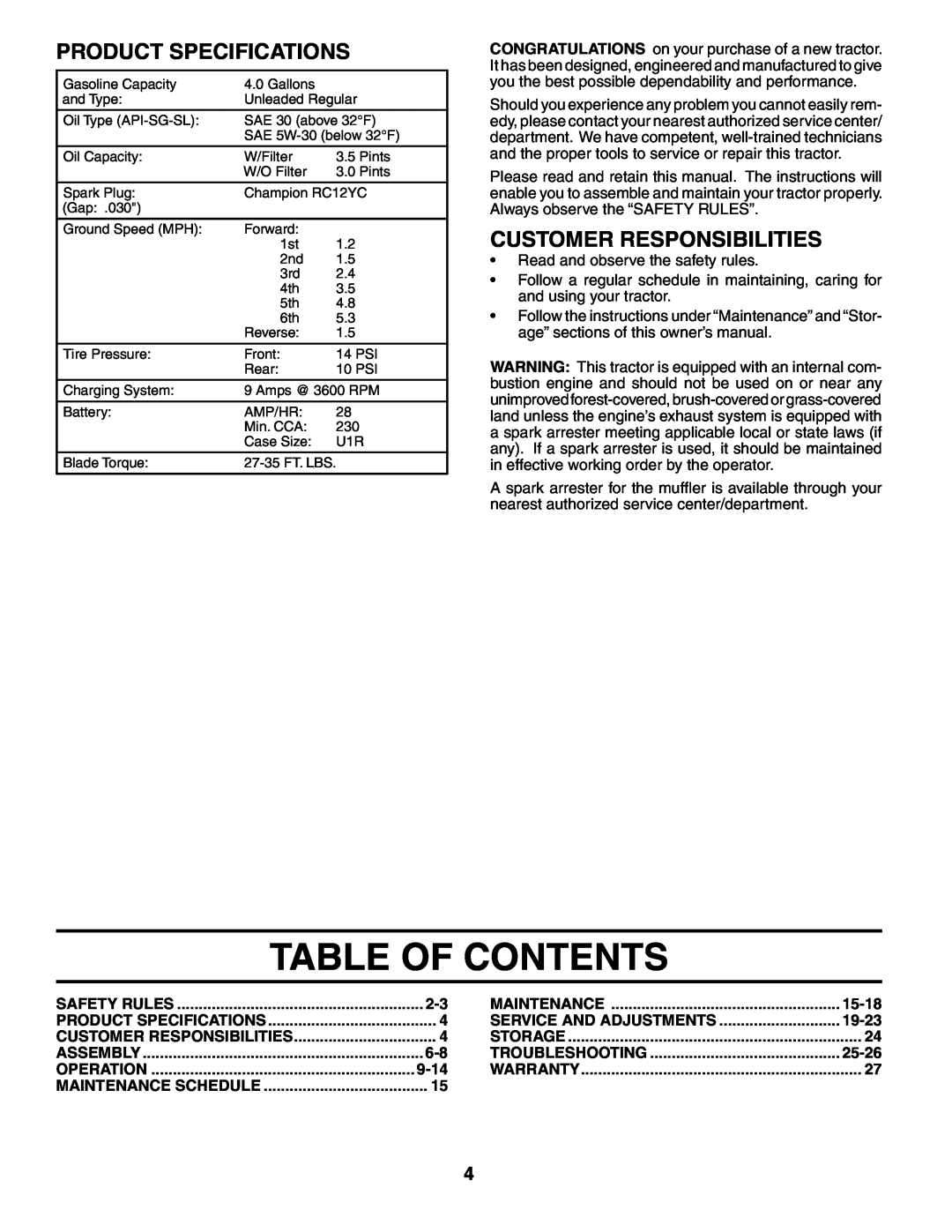 Poulan 194993 manual Table Of Contents, Product Specifications, Customer Responsibilities, 9-14, 15-18, 19-23, 25-26 