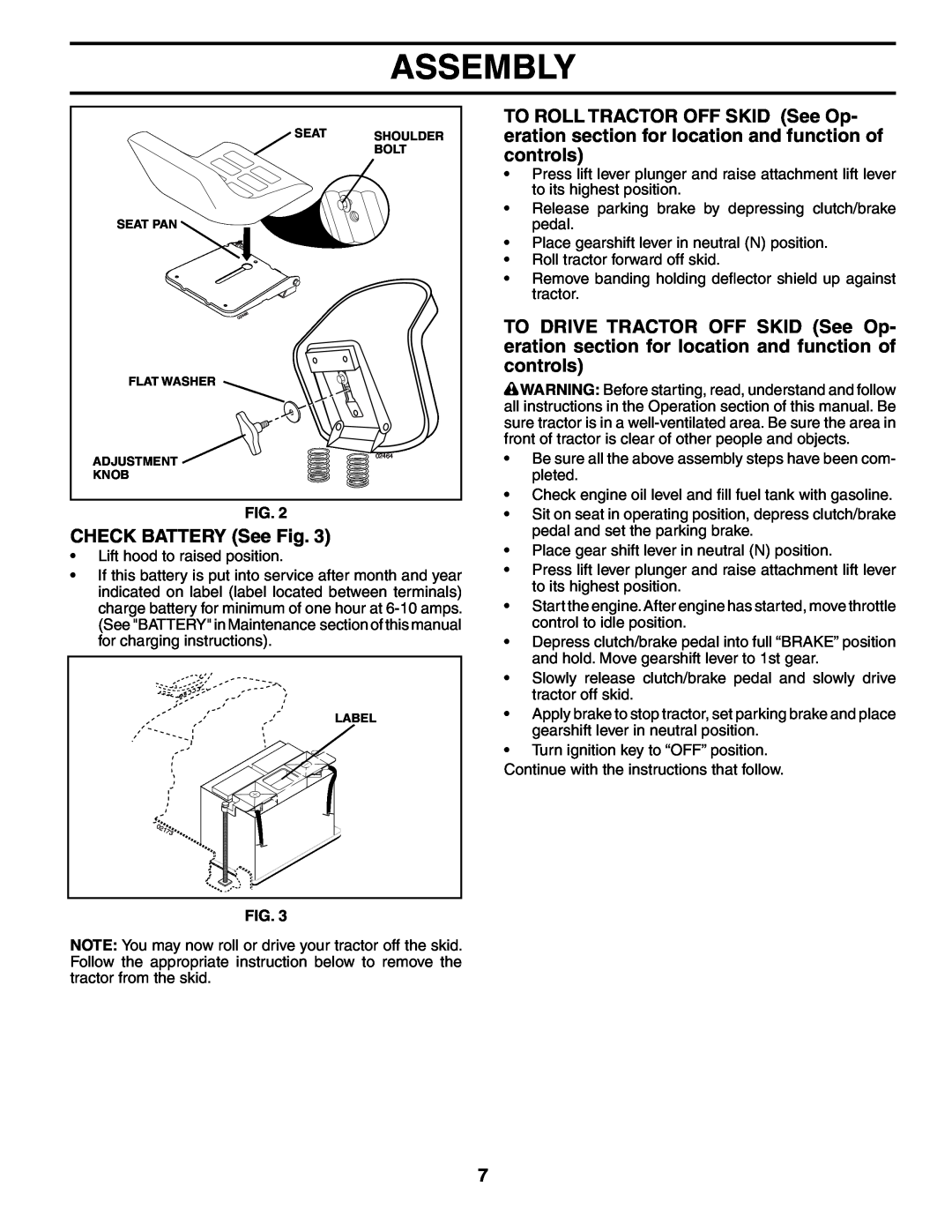 Poulan 194993 manual CHECK BATTERY See Fig, Assembly 