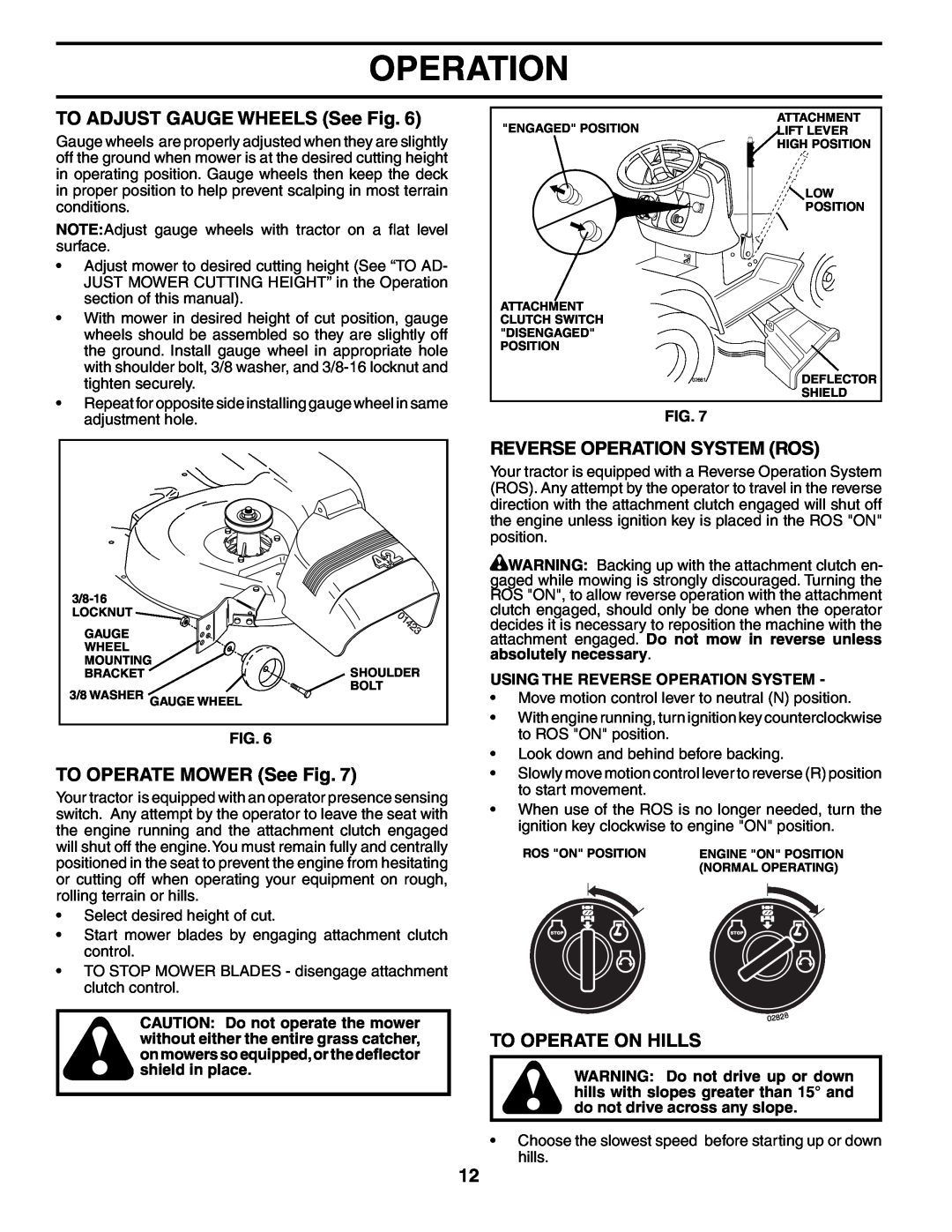 Poulan 195018 TO ADJUST GAUGE WHEELS See Fig, TO OPERATE MOWER See Fig, Reverse Operation System Ros, To Operate On Hills 