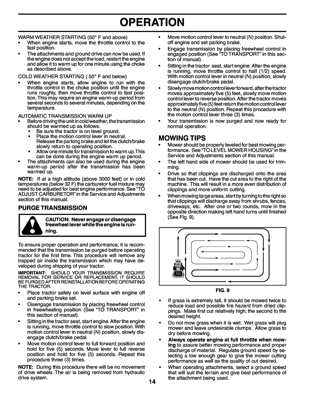 Poulan 195018 manual Mowing Tips, Purge Transmission, Operation 