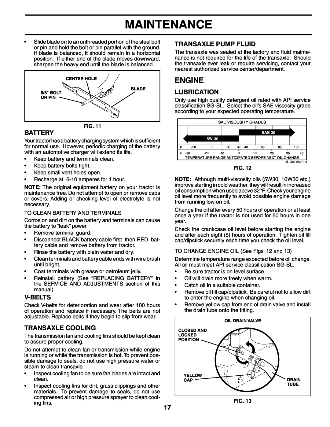 Poulan 195018 manual Engine, Battery, V-Belts, Transaxle Cooling, Transaxle Pump Fluid, Lubrication, Maintenance 