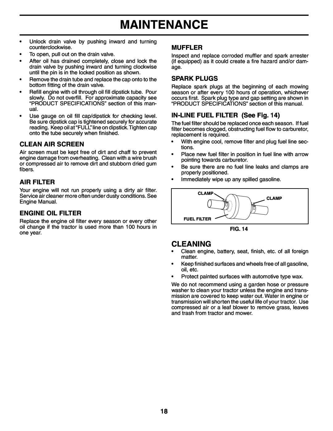 Poulan 195018 Cleaning, Clean Air Screen, Air Filter, Engine Oil Filter, Muffler, Spark Plugs, IN-LINE FUEL FILTER See Fig 