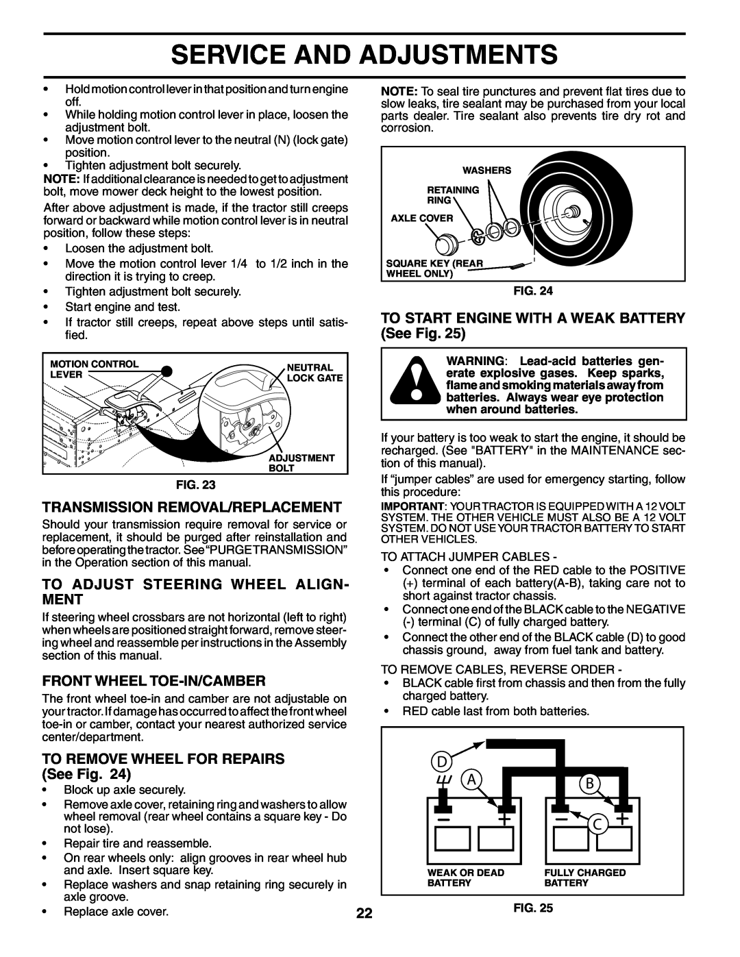 Poulan 195018 manual Transmission Removal/Replacement, To Adjust Steering Wheel Align- Ment, Front Wheel Toe-In/Camber 