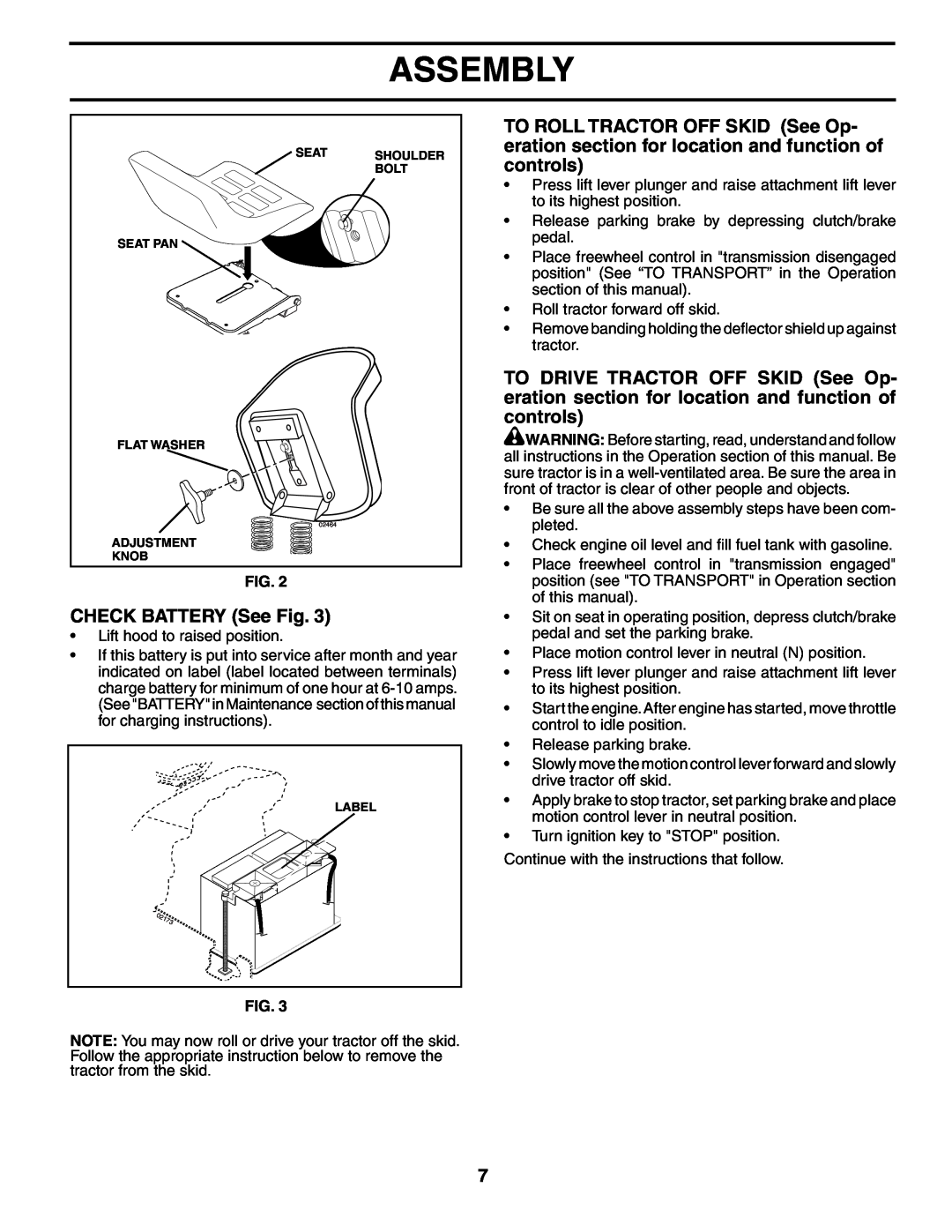 Poulan 195018 manual CHECK BATTERY See Fig, Assembly 