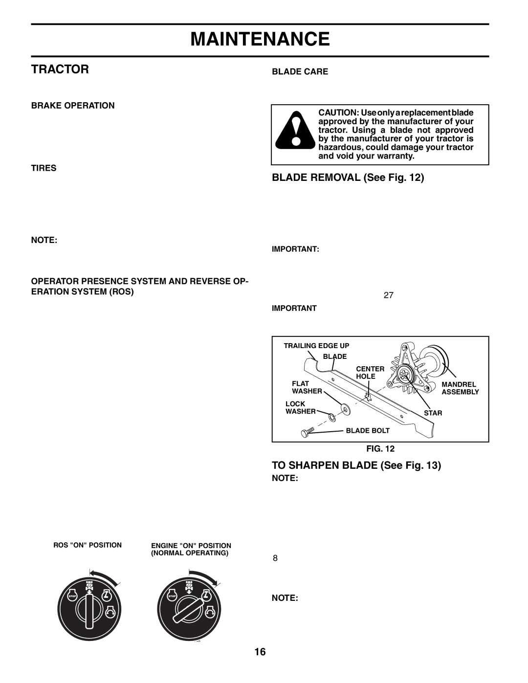 Poulan 195021 manual Tractor, Blade Removal See Fig, To Sharpen Blade See Fig, Check Operator Presence System 