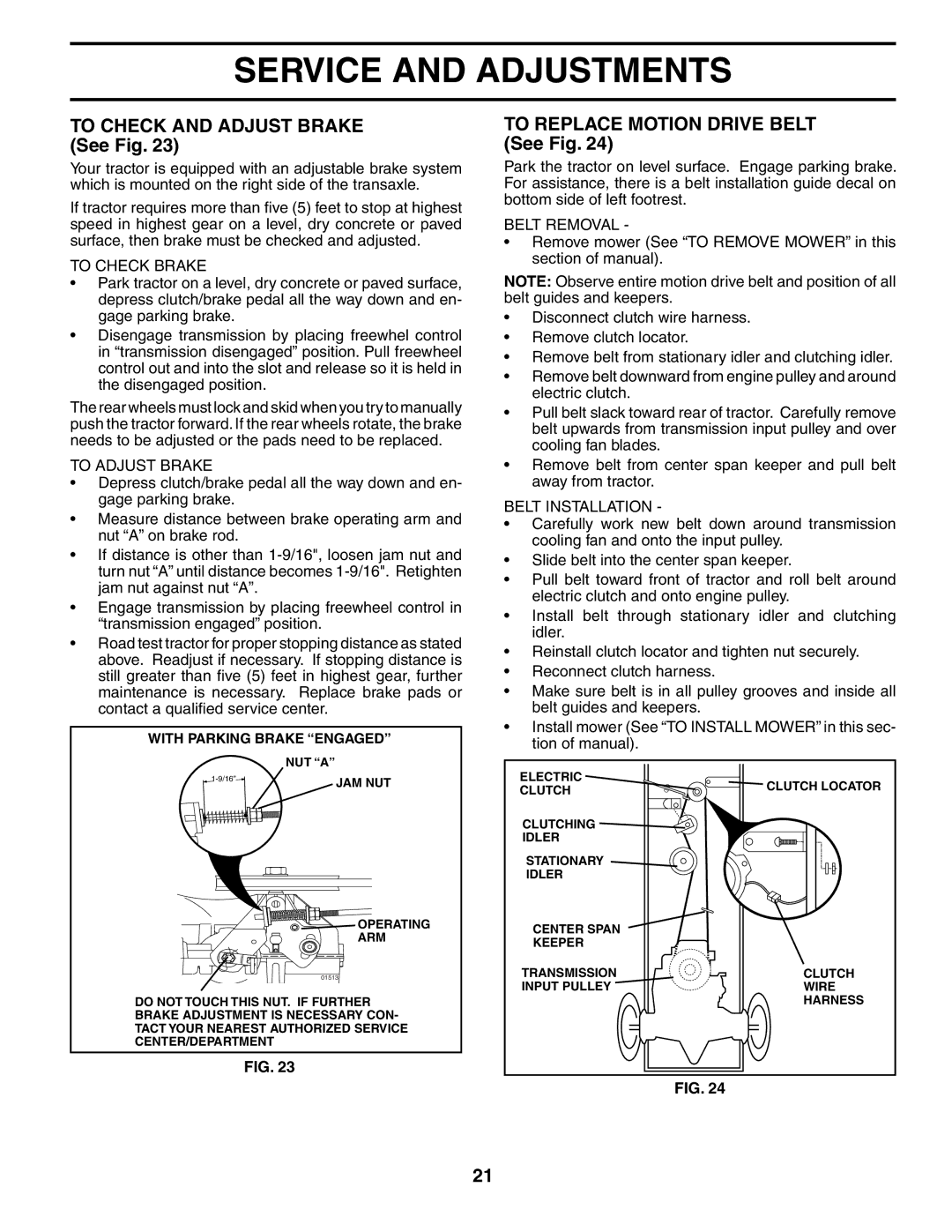 Poulan 195021 To Check and Adjust Brake See Fig, To Replace Motion Drive Belt See Fig, To Check Brake, To Adjust Brake 