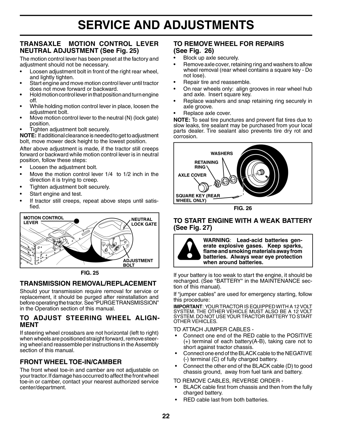 Poulan 195021 manual Transmission REMOVAL/REPLACEMENT, To Adjust Steering Wheel ALIGN- Ment, Front Wheel TOE-IN/CAMBER 