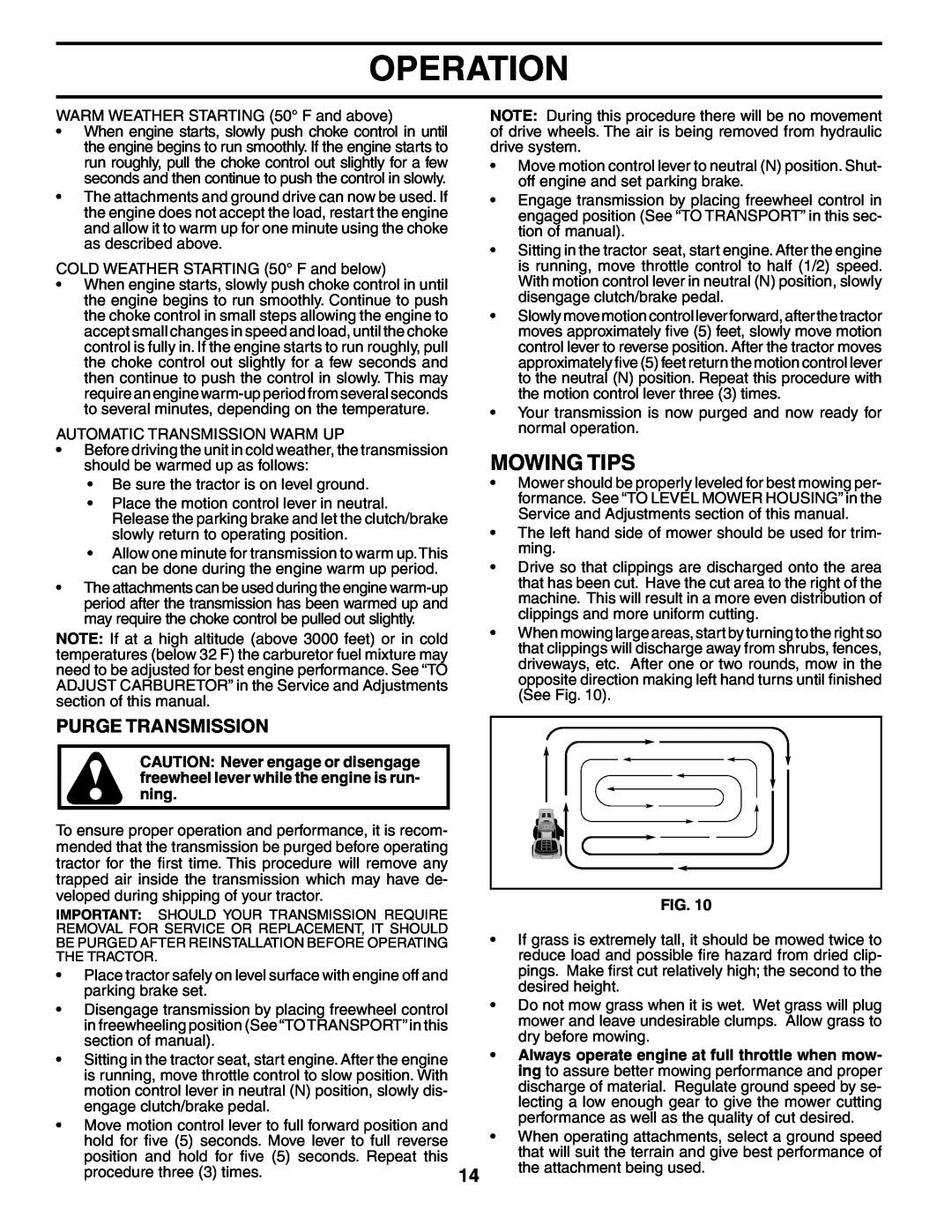 Poulan 195021 manual Mowing Tips, Purge Transmission, Operation 