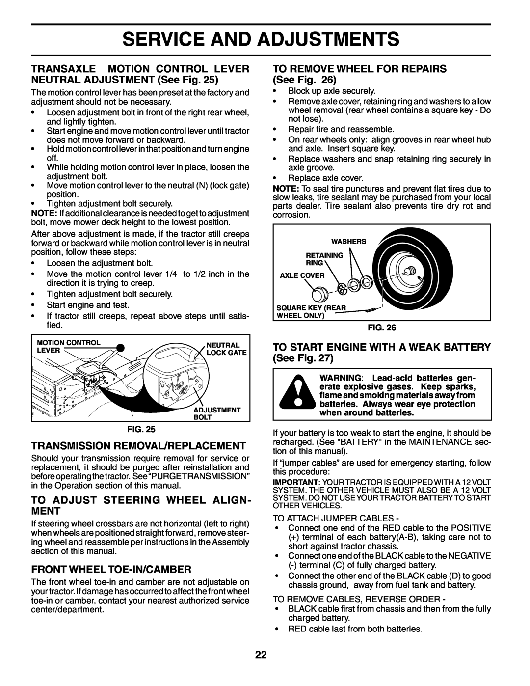 Poulan 195021 manual TRANSAXLE MOTION CONTROL LEVER NEUTRAL ADJUSTMENT See Fig, Transmission Removal/Replacement 