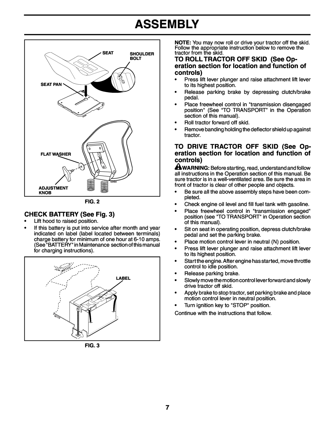 Poulan 195021 manual CHECK BATTERY See Fig, Assembly 