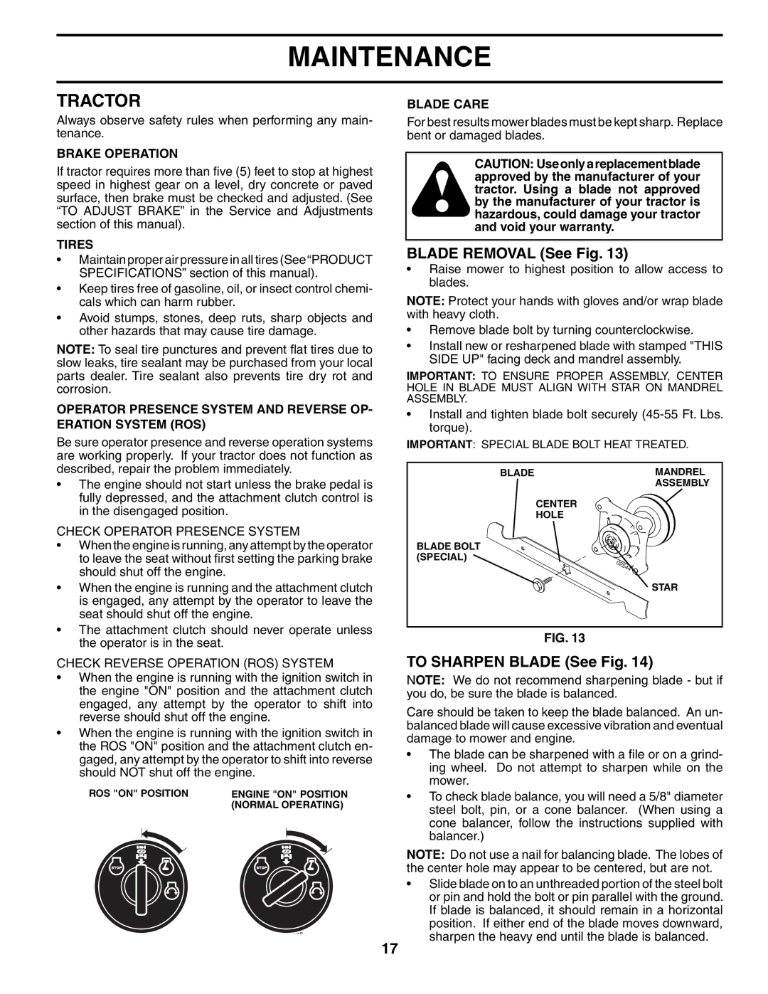 Poulan 195032 manual Tractor, Blade Removal See Fig, To Sharpen Blade See Fig, Check Operator Presence System 