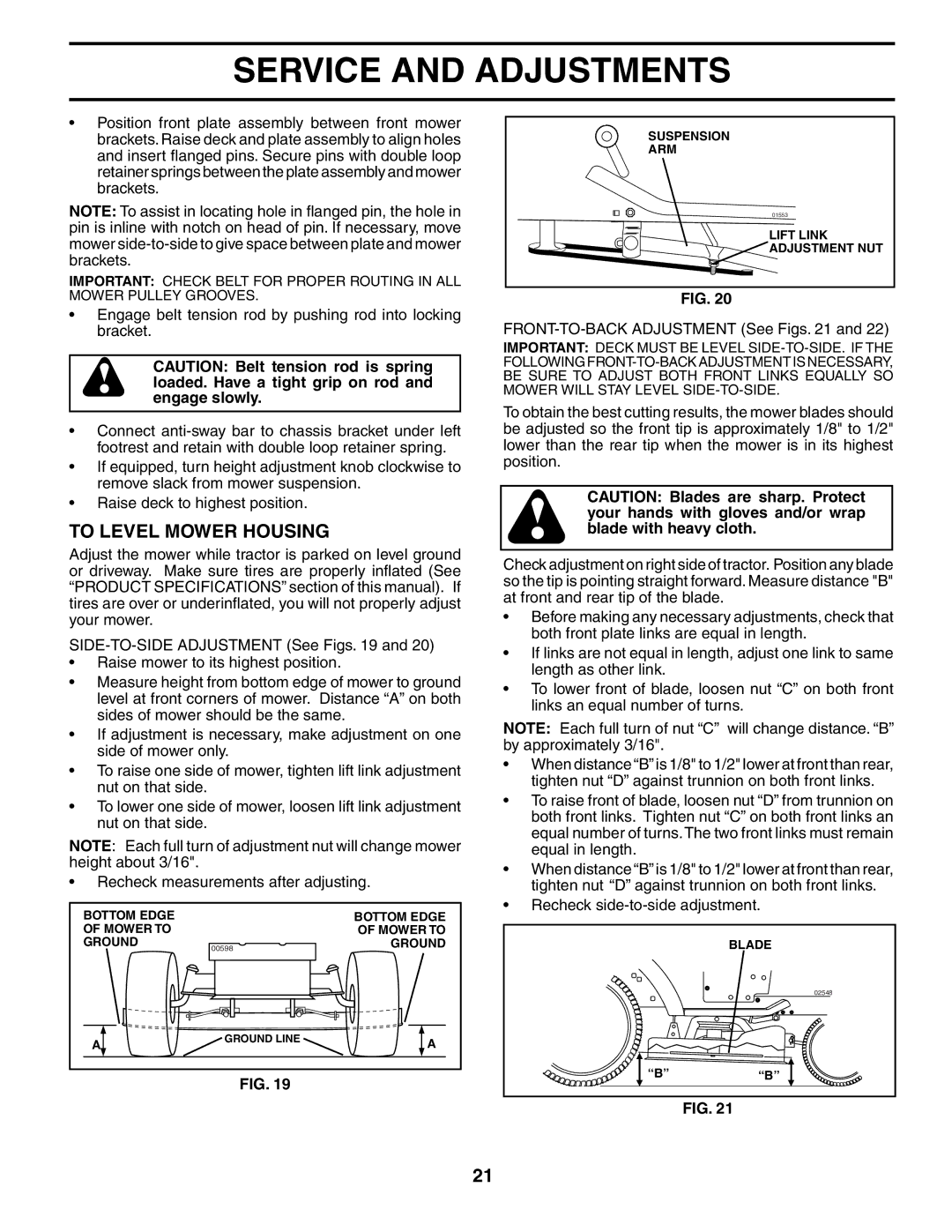 Poulan 195032 manual To Level Mower Housing, FRONT-TO-BACK Adjustment See Figs 