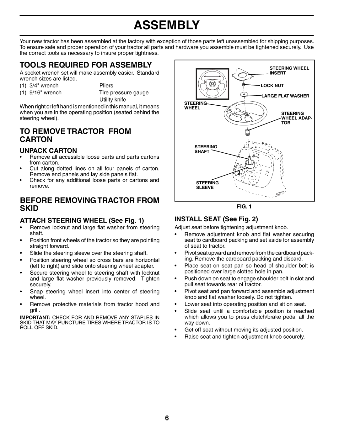 Poulan 195032 manual Tools Required for Assembly, To Remove Tractor from Carton, Before Removing Tractor from Skid 