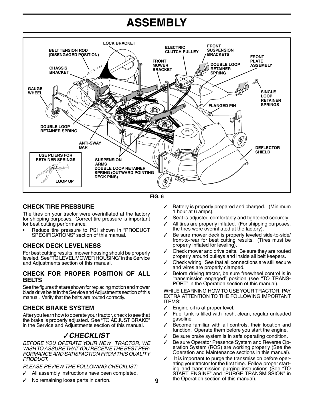 Poulan 195032 manual Check Tire Pressure, Check Deck Levelness, Check for Proper Position of ALL Belts, Check Brake System 