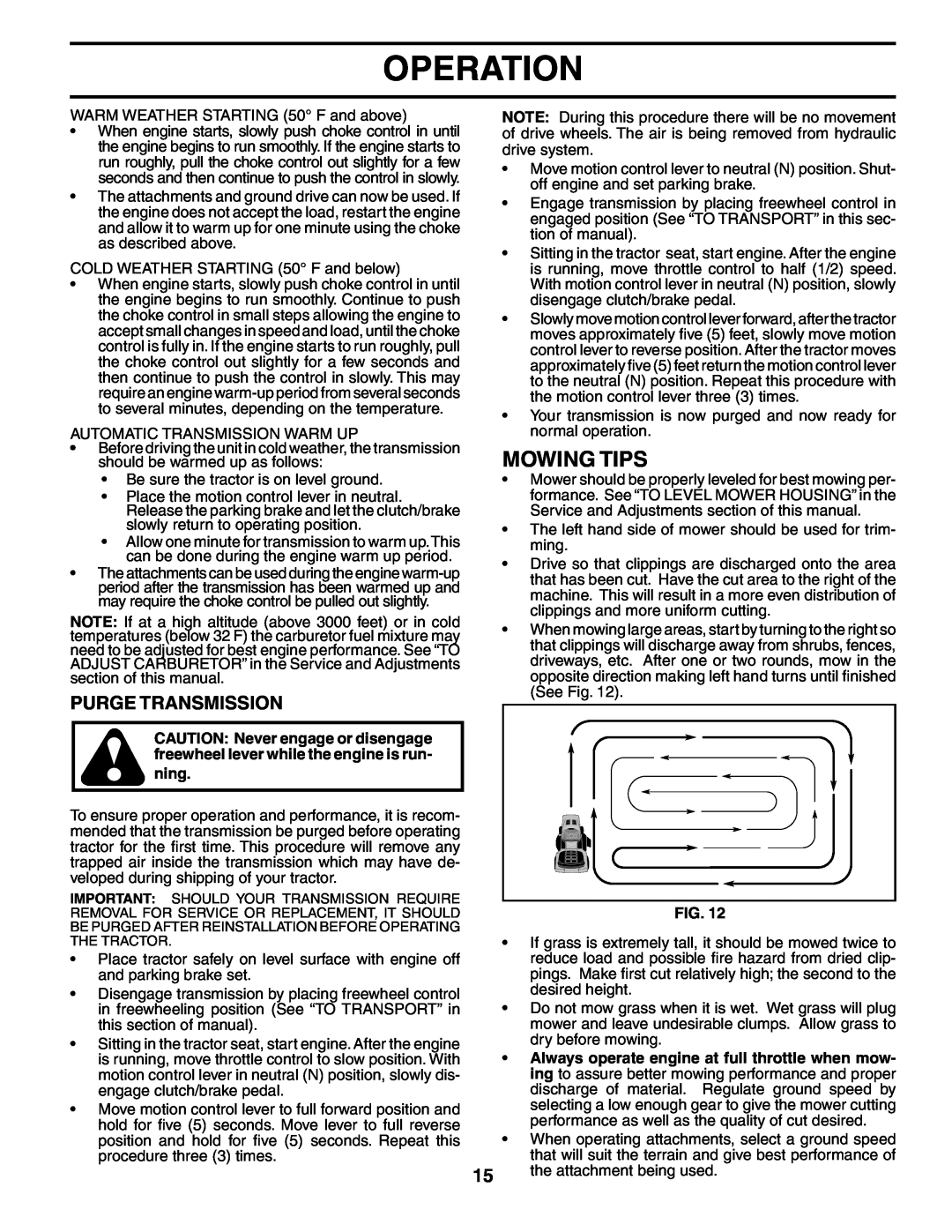 Poulan 195032 manual Mowing Tips, Purge Transmission, Operation 