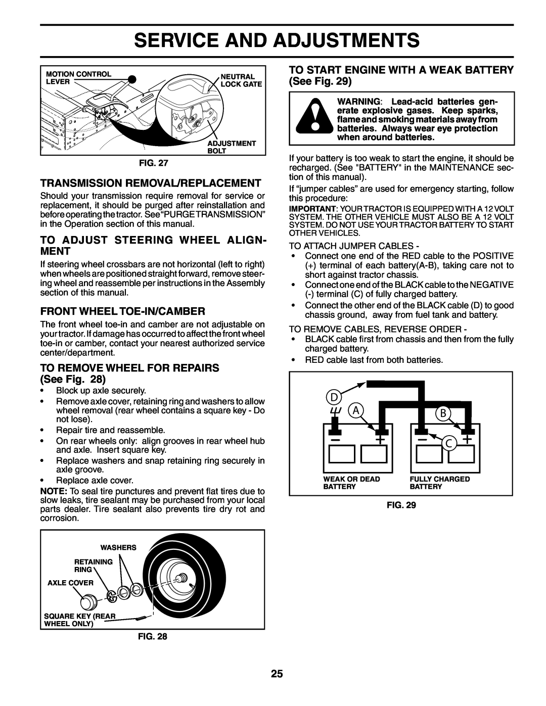 Poulan 195032 manual Transmission Removal/Replacement, To Adjust Steering Wheel Align- Ment, Front Wheel Toe-In/Camber 