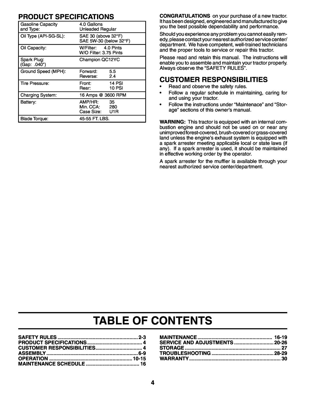 Poulan 195032 manual Table Of Contents, Product Specifications, Customer Responsibilities 