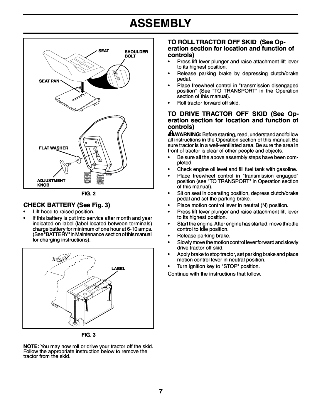 Poulan 195032 manual CHECK BATTERY See Fig, Assembly 