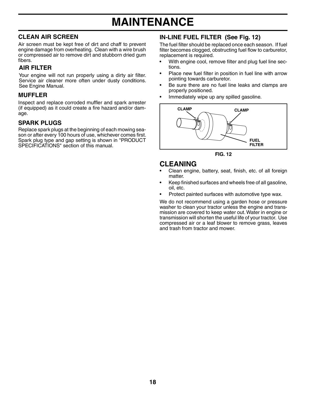 Poulan 195506 manual Cleaning, Clean AIR Screen, AIR Filter, Muffler, Spark Plugs 