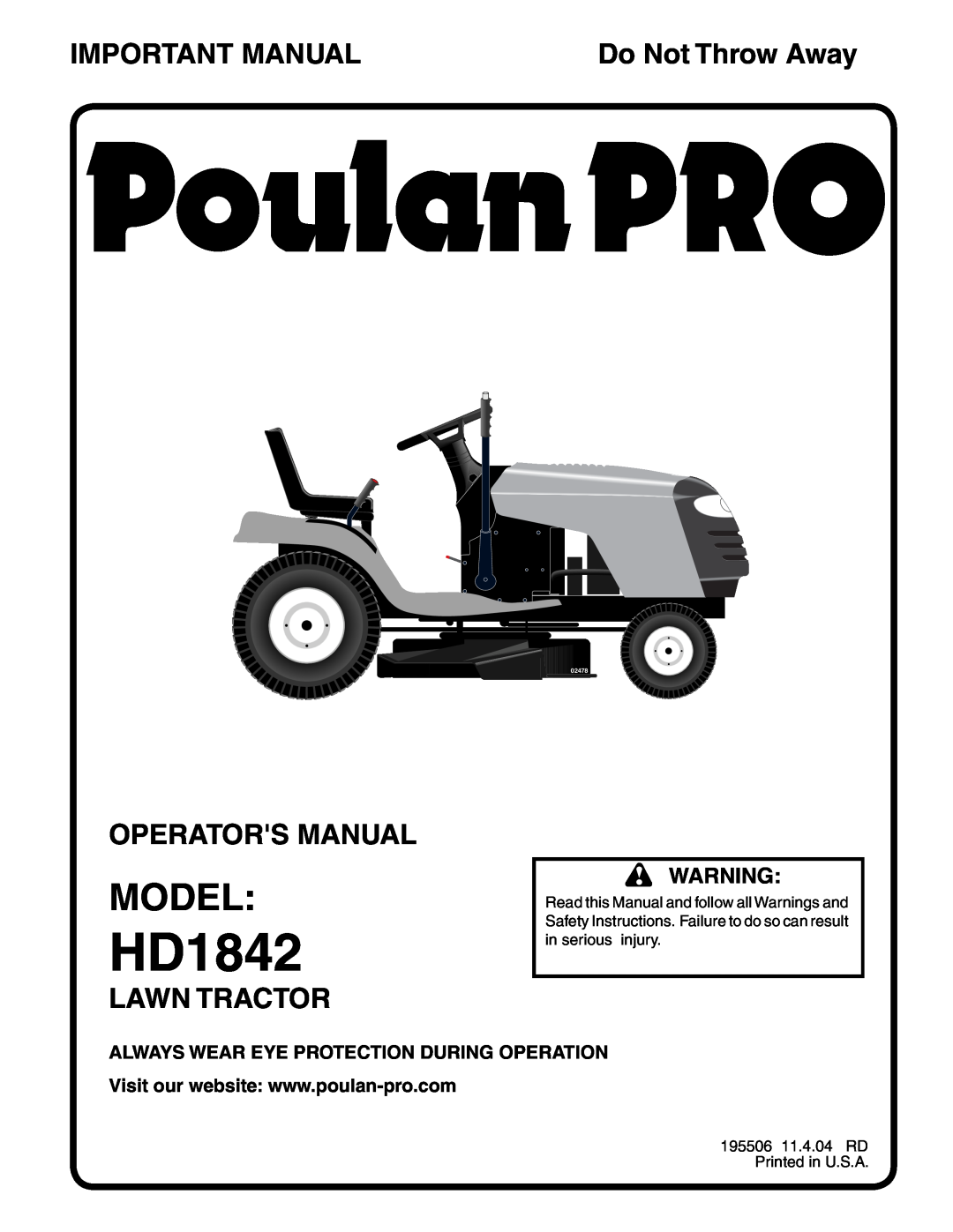 Poulan 195506 manual Model, Important Manual, Operators Manual, Lawn Tractor, Always Wear Eye Protection During Operation 