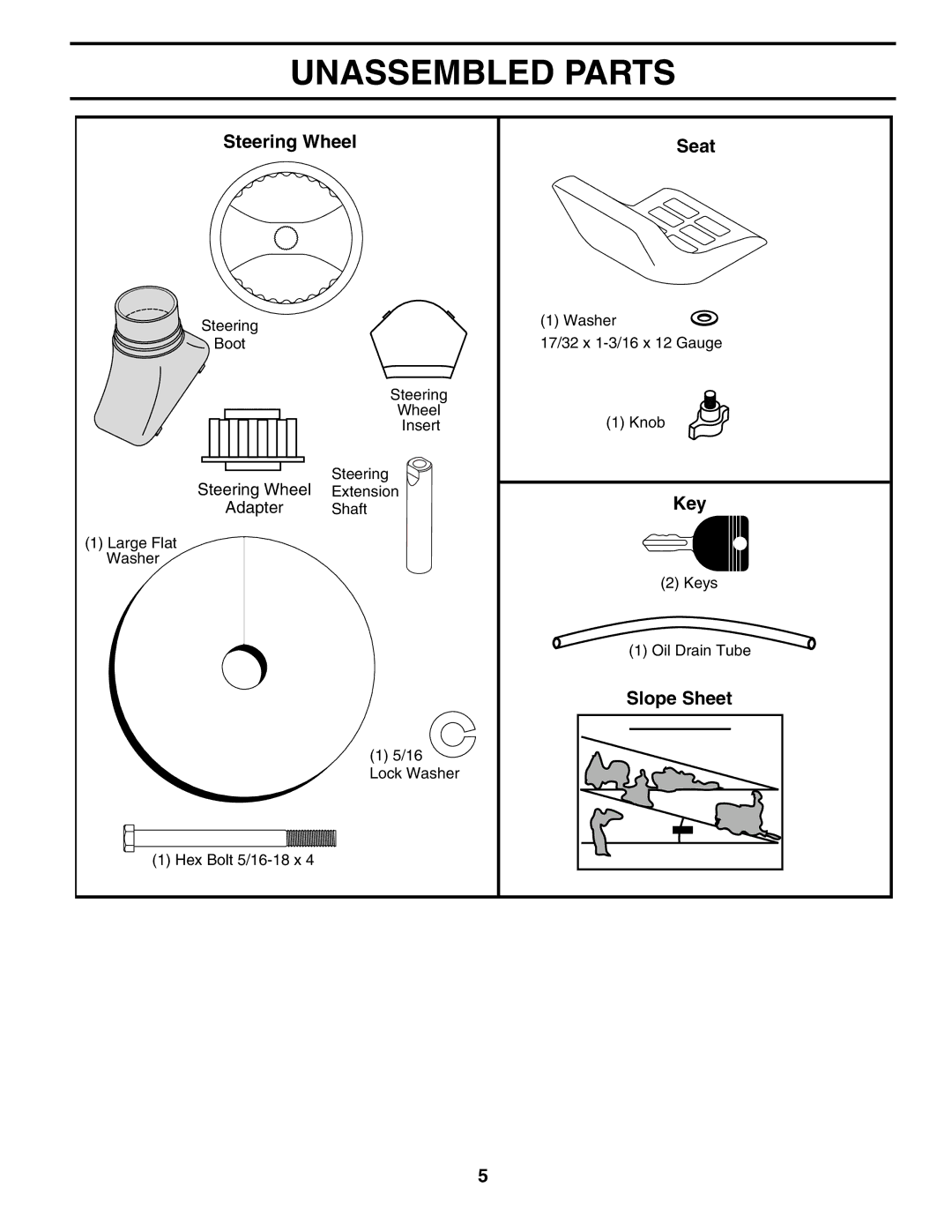 Poulan 195620 manual Unassembled Parts, Steering Wheel Seat, Slope Sheet 