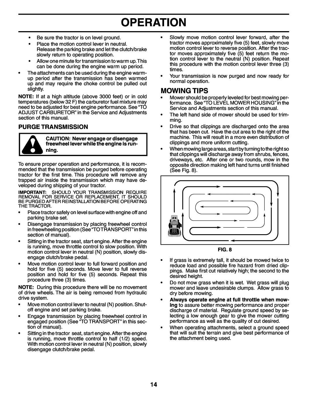Poulan 195620 manual Mowing Tips, Purge Transmission, Operation 