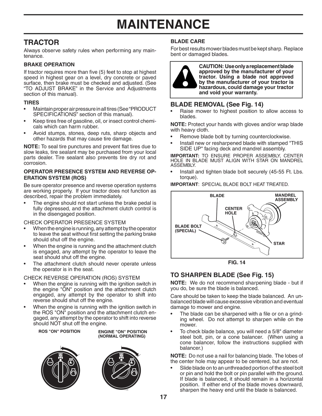 Poulan 195806 manual Tractor, Blade Removal See Fig, To Sharpen Blade See Fig 