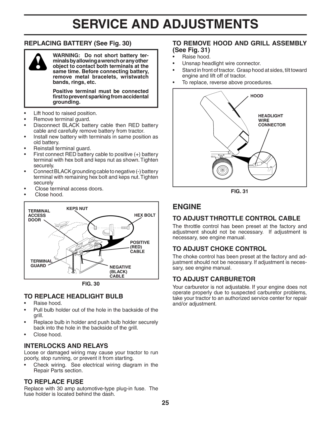 Poulan 195806 To Adjust Throttle Control Cable, To Adjust Choke Control, To Adjust Carburetor To Replace Headlight Bulb 