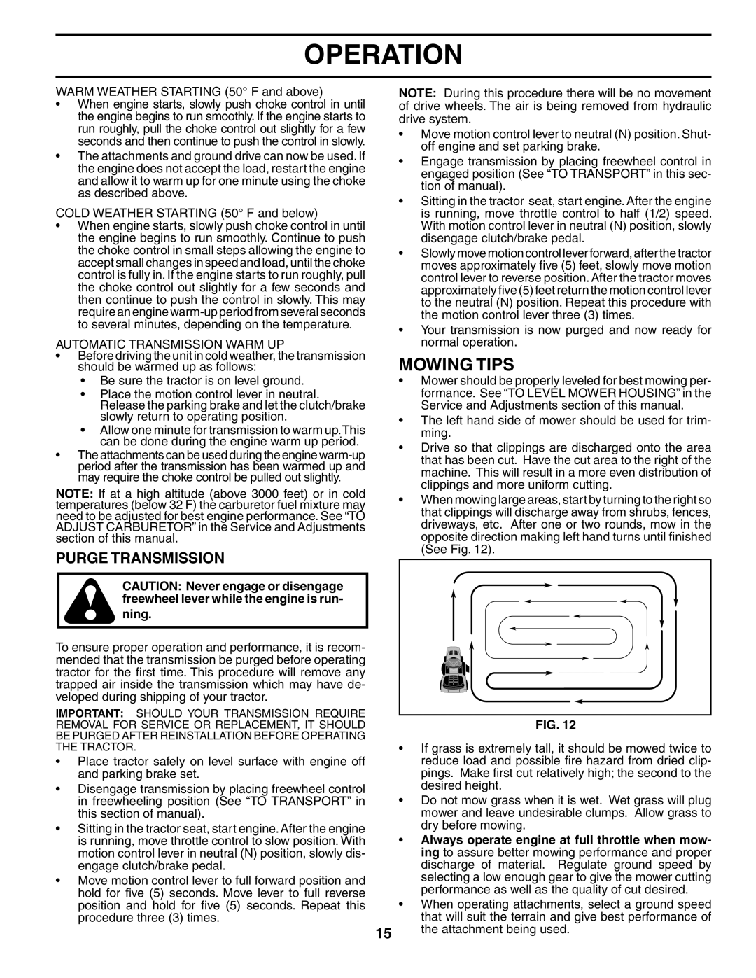 Poulan 195854 manual Mowing Tips, Purge Transmission, Automatic Transmission Warm UP 