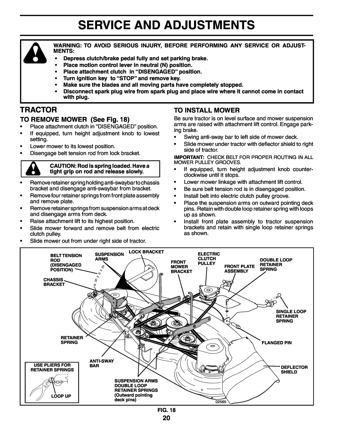 Poulan 195854 manual Service And Adjustments, TO REMOVE MOWER See Fig, To Install Mower, Tractor 